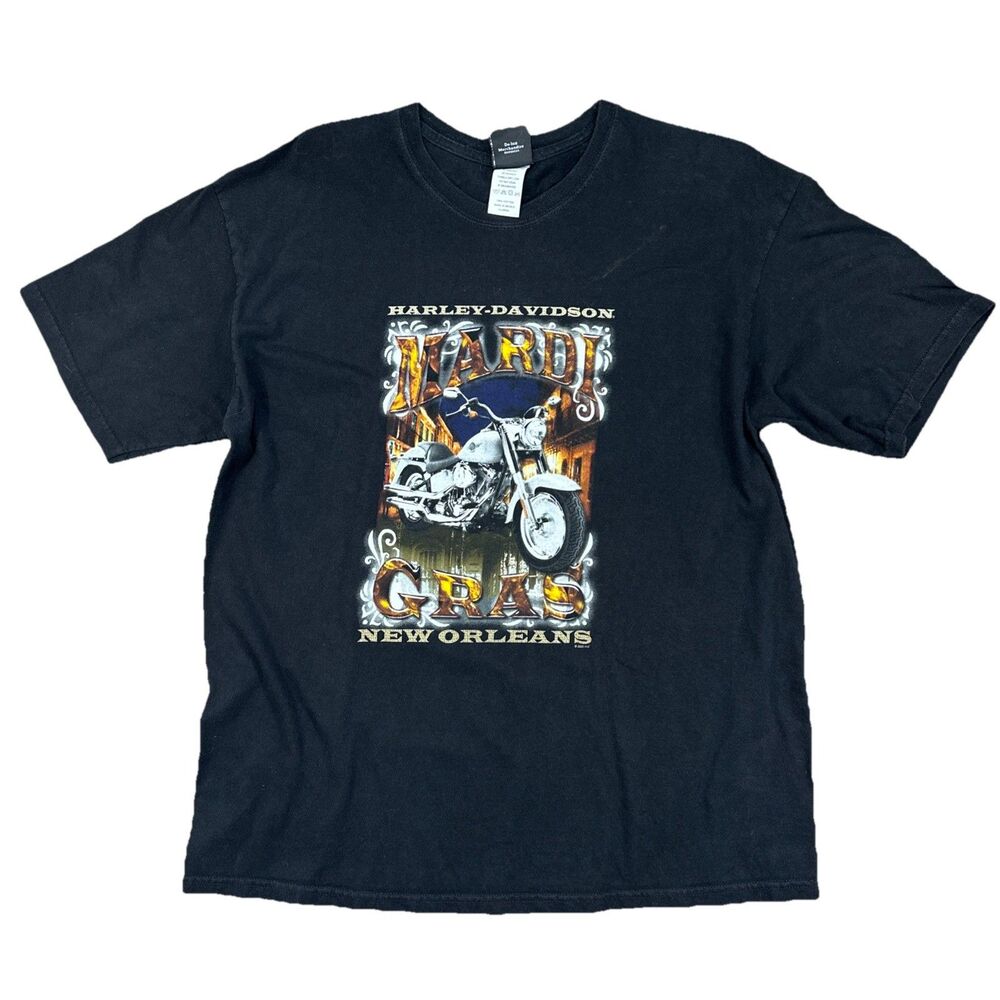 Vintage Y2K Harley Davidson Mardi Gras New Orleans Graphic T Shirt Black Size XL